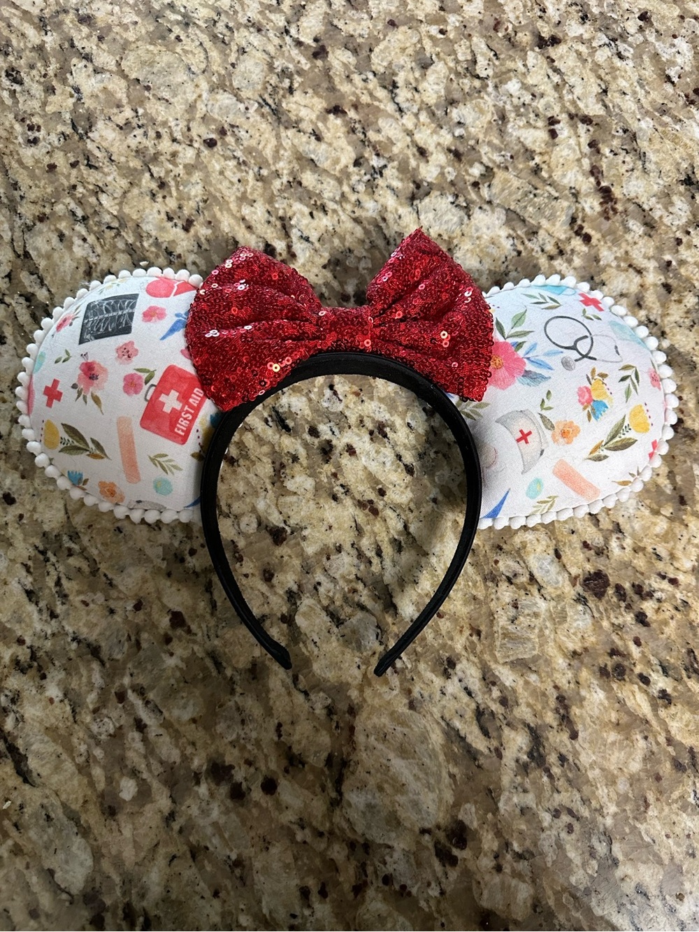 Sequin Red Bow Nurse-Themed Disney Ear Headband